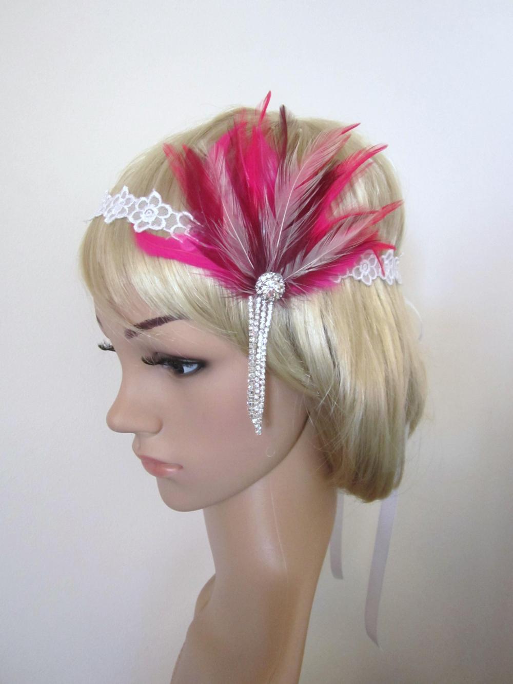 Bright Pink, Burgundy And Ivory Feather Rhinestone 1920s Flapper Headband